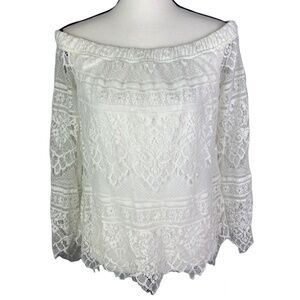 Apt 9 White Blouse Top Womens Size M Lace Overlay Long Sleeve Off The Shoulder